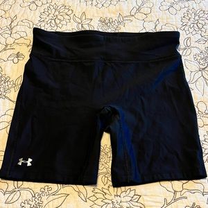A/ Under Armour Black athletic shorts, 6” inseam, stretchy, Size M.
